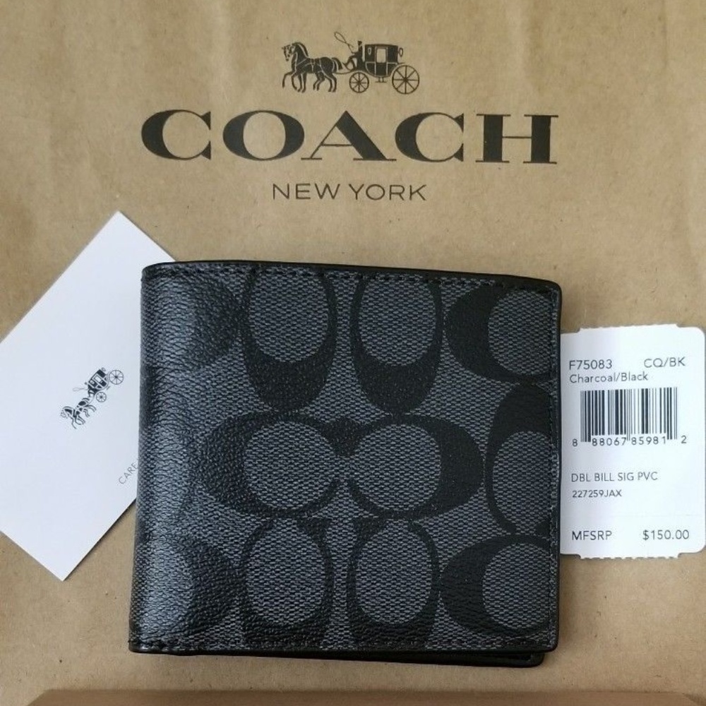 NEW Coach Mens Wallet Double Billfold Charcoal Blk